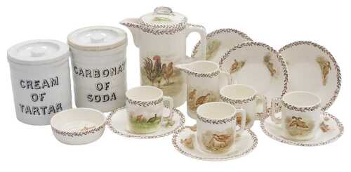 An early 20thC French pottery coffee set, decorated with wild fowl and domestic birds,...