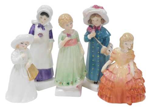 Five Royal Doulton porcelain figures, comprising Rose HN1368, Tess HN2865, Carrie HN2800, Almost...