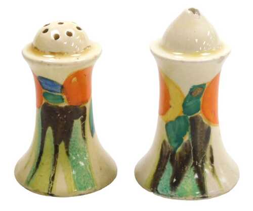 A Clarice Cliff pottery Citrus Delicia Muffineer salt and pepper pots, printed marks, 8cm high.