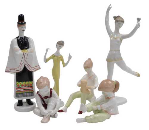 Two Hollohaza porcelain figures, one of a ballerina, the other of a lady in fashionable dress,...