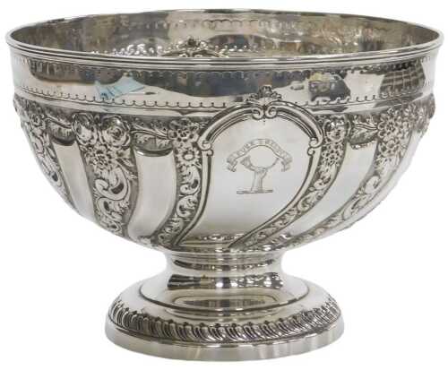 A Victorian silver pedestal bowl, with spiral fluted and embossed floral and foliate scroll...