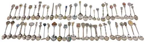 Assorted silver plated commemorative tea and coffee spoons, some with enamel terminals, showing...