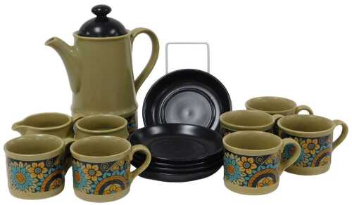 A Sadler 1960s/70s pottery part coffee service, decorated with flowers, comprising six cups,...