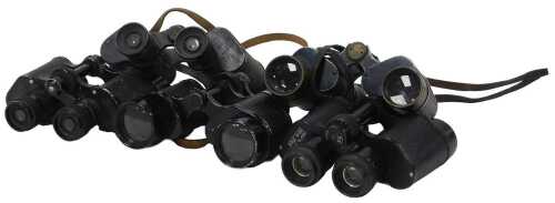 Five pairs of binoculars, to include Marinox, a pair of Air Ministry stamped binoculars, each...