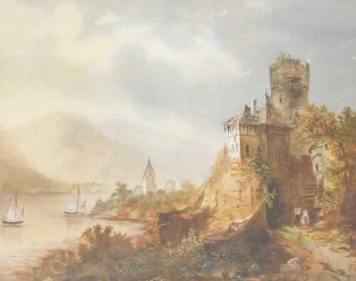 Continental School (19thC). Mountain landscape, with a castle, sailing vessels and figures,...