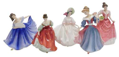 Five Royal Doulton porcelain figures, comprising Miss Kay HN3659, Elaine HN4718, Amy , Fair Lady...