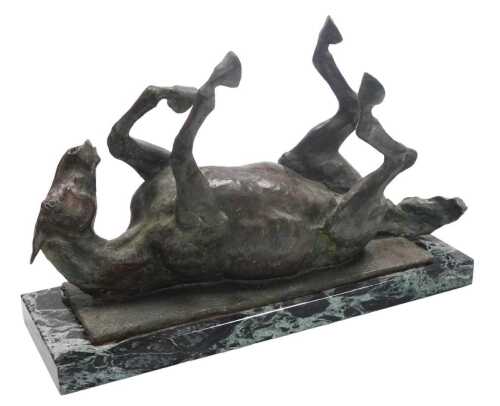 D Montagu (20thC). Bronze model of a horse, lying on its back, on a rectangular marble base,...