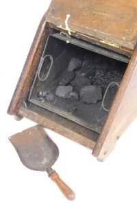 A Victorian oak coal scuttle, with brass strapwork and carrying handle, the hinged lid opening... - 2