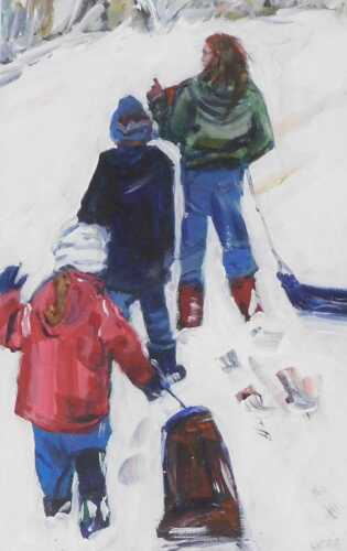 Jessie Bruce (Scottish late 20th/early 21stC). Family Sledging In The Snow, oil on canvas,...