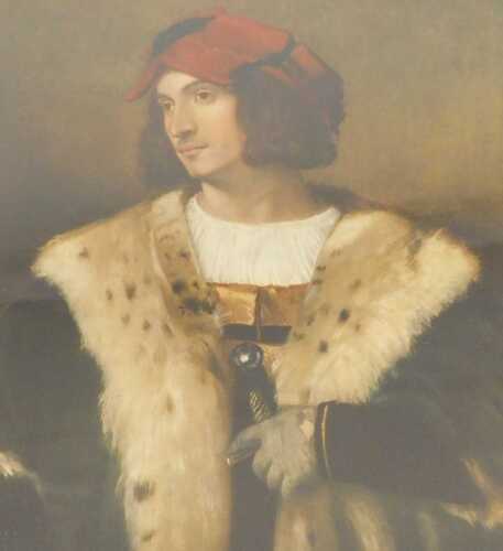 After Titian (Italian 1488/1490-1576). Man in a red cap, coloured lithograph, 60cm x 52cm.