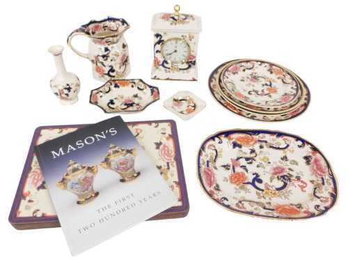 A group of Mason's Ironstone blue Mandalay pattern wares, including a hydra jug, mantel clock,...