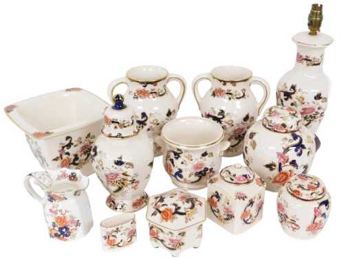 A group of Mason's Ironstone Blue Mandalay pattern wares, including a table lamp, a pair of twin...