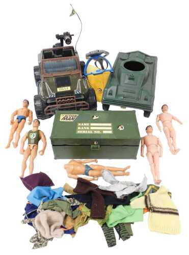 Four Action Man figures, clothes and accessories, a 4x4 Jeep Rhino ST-71, and an armoured car.