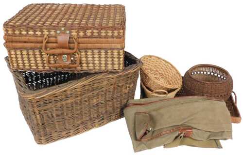 A wicker log basket, twin handled tray, picnic basket with contents, three further baskets, and...