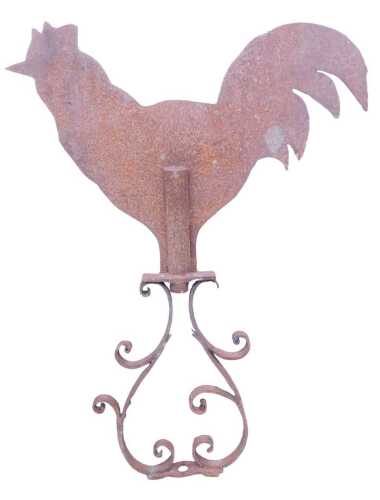 A wrought iron finial or part weather vane, in the form of a chicken or cockerel, on a scrolling...