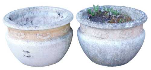 A pair of Willowstone composition jardinieres, each decorated with a band of flowers, 32cm high,...