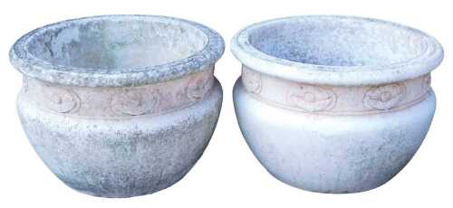 A pair of Willowstone composition jardinieres, each decorated with a band of flowers, 32cm high,...