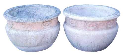 A pair of Willowstone composition jardinieres, each decorated with a band of flowers, 32cm high,...