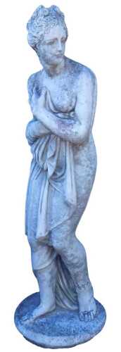 A composition stone figure of Pandora, on a circular base, 122cm high.