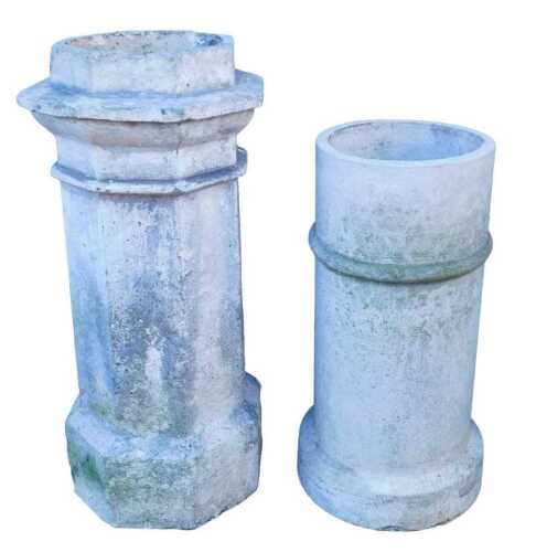 A Victorian hexagonal stoneware chimney pot, 80cm high, and another cylindrical example, 63cm high.