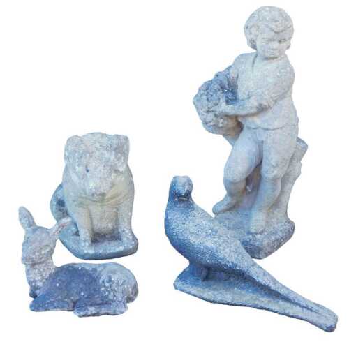 A composition stone figure of a seated pig, 43cm high, a Georgian style figure of a man with a...