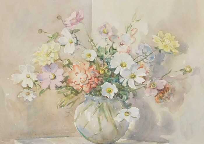 Frances Geake (British 1903-55). Study of flowers in a vase, watercolour, signed, 34cm x 44cm,...