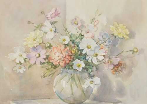 Frances Geake (British 1903-55). Study of flowers in a vase, watercolour, signed, 34cm x 44cm,...