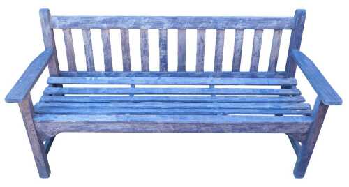 A teak garden bench, with a slatted back and seat, 158cm wide.