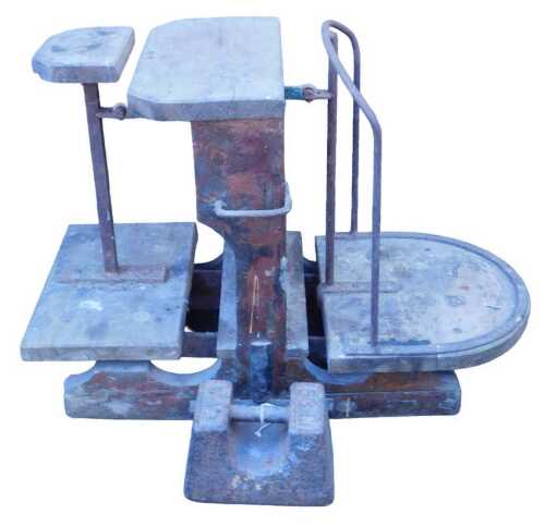 A WS Barrett and Son of Boston sack or grain scales, with a wooden frame and iron mounts, 91cm...