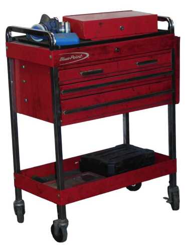 A Blue Point red black and chrome workshop trolley, and some tools.