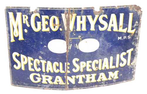 An early 20thC blue enamel advertising sign, for Mr Geo. Whysall M.P.S., Spectacle Specialist,...