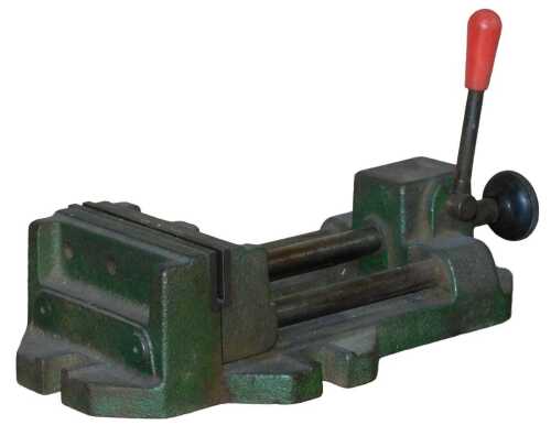 A green painted metal vice, 41cm wide.