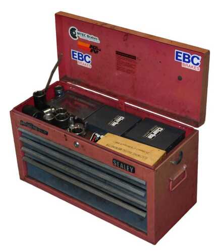 A Sealey metal toolbox, with three drawers and a hinged lid, containing various tools to include...