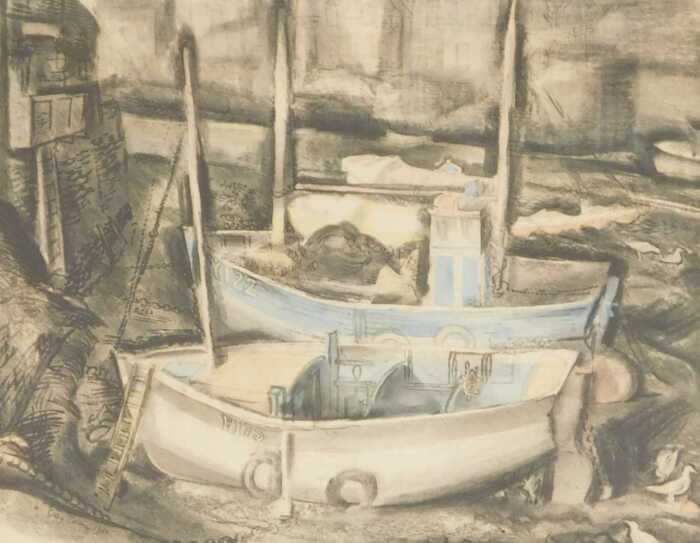 Guy Burn (20thC). Polperro Harbour, black ink, charcoal and wash, signed and dated, 1950, 37cm x...