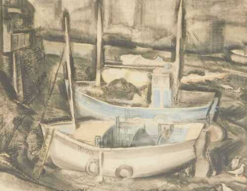Guy Burn (20thC). Polperro Harbour, black ink, charcoal and wash, signed and dated, 1950, 37cm x...