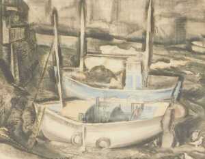 Guy Burn (20thC). Polperro Harbour, black ink, charcoal and wash, signed and dated, 1950, 37cm x...