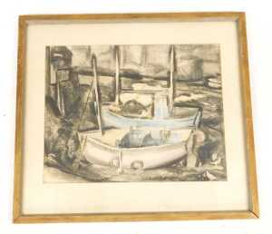 Guy Burn (20thC). Polperro Harbour, black ink, charcoal and wash, signed and dated, 1950, 37cm x... - 2