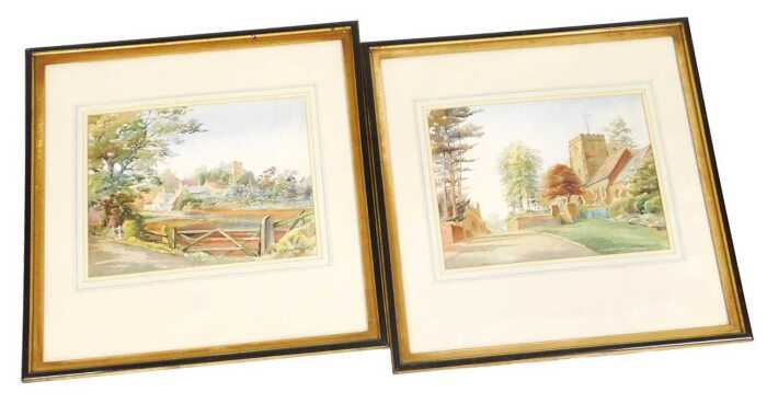 G.M. Harvey (20thC). Village scenes with a church, watercolour, a pair, signed, 28cm x 37cm.