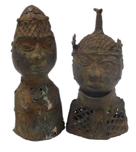 Two Benin bronze busts, one with pierced decoration, each with a lattice shaped headdress, 26cm...