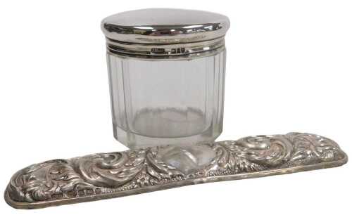 An Edward VII cut glass and silver lidded toilet jar, London 1907, and an Elizabeth II silver...