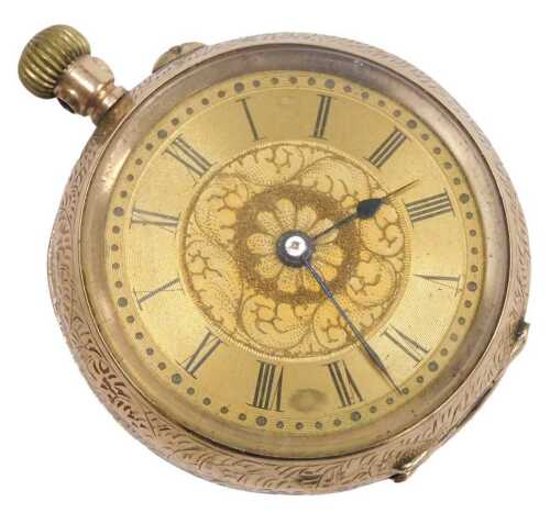A late 19thC lady's pocket watch, open face, keyless wind, circular gilt dial, with chapter ring...