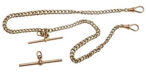 A curb link watch Albert chain, with two lobster claw clasps and T-bar as fitted, T-bar stamped...