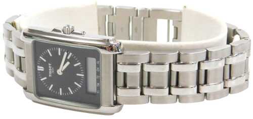 A Tissot gentleman's stainless steel cased wristwatch, rectangular black dial with baton markers,...
