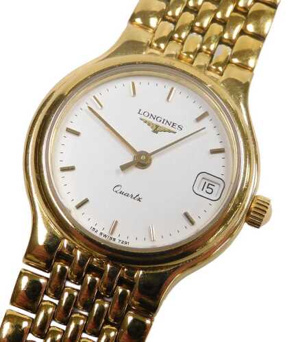 A Longines Flagship lady's gold plated wristwatch, circular white dial with baton markers,...