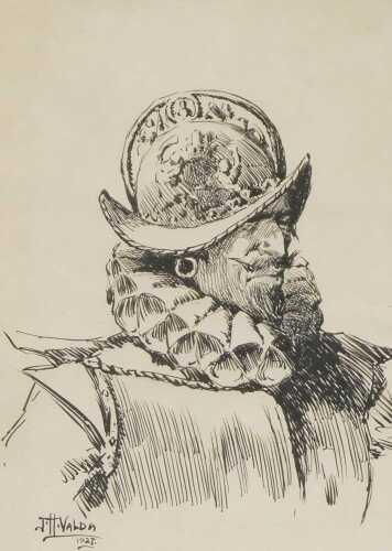 John Harris Valda (1874-1972). Portrait of a Spanish soldier, pen and ink, signed and dated 1927,...