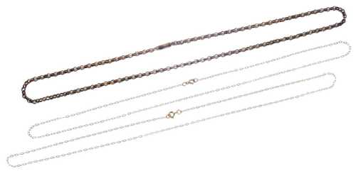 Two fine cable link neckchains, each on a bolt ring clasp, yellow metal, stamped 9k 0.7g, and a...