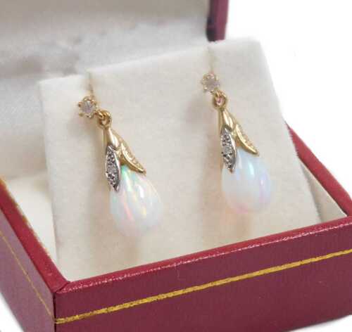 A pair of 9ct gold opal and diamond drop earrings, of leaf and berry design, 2.3g.