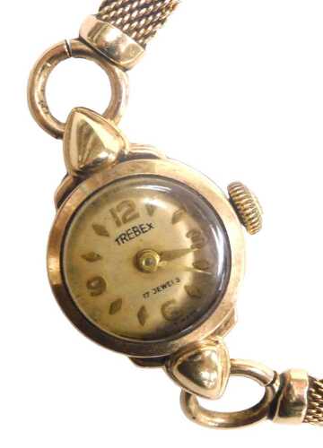 A Trebex lady's 9ct gold cased wristwatch, circular champagne dial with Arabic numerals at...