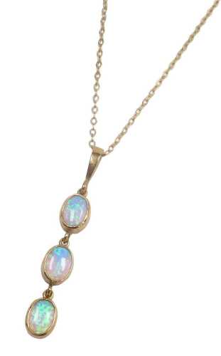A 9ct gold and opal triple drop pendant, on a cable link neckchain, with a bolt ring clasp,...