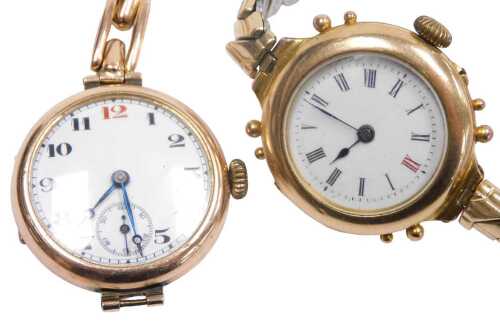 An early 20thC lady's 9ct gold cased wristwatch, circular enamel dial bearing Arabic numerals,...